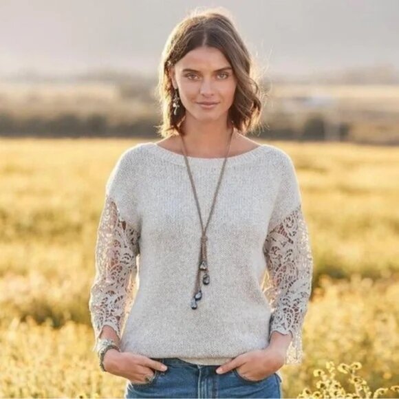 Sundance Lace Delight Knit Sweater Boho Chic Bohemian Cottagecore in Gray M - Picture 1 of 10